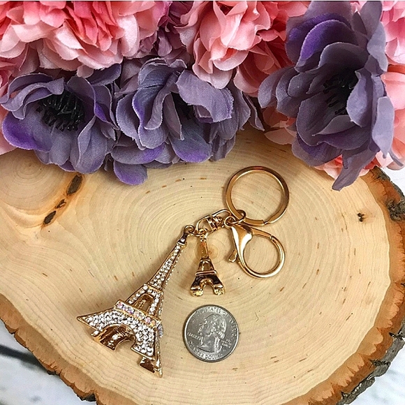 RHINESTONE DOUBLE EFFLE TOWER PURSE CHARM OR KEYRING GOLD HARDWARE UNBRANDED - Picture 6 of 9